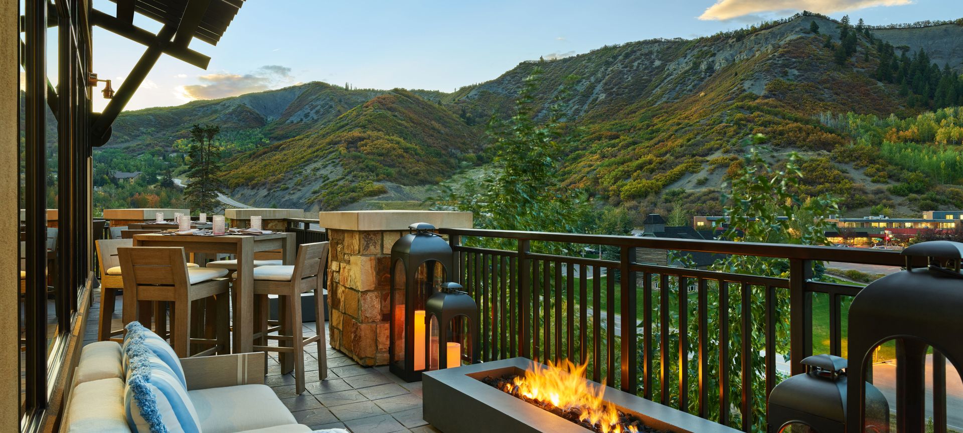 Outdoor event space with a firepit and view of Snowmass