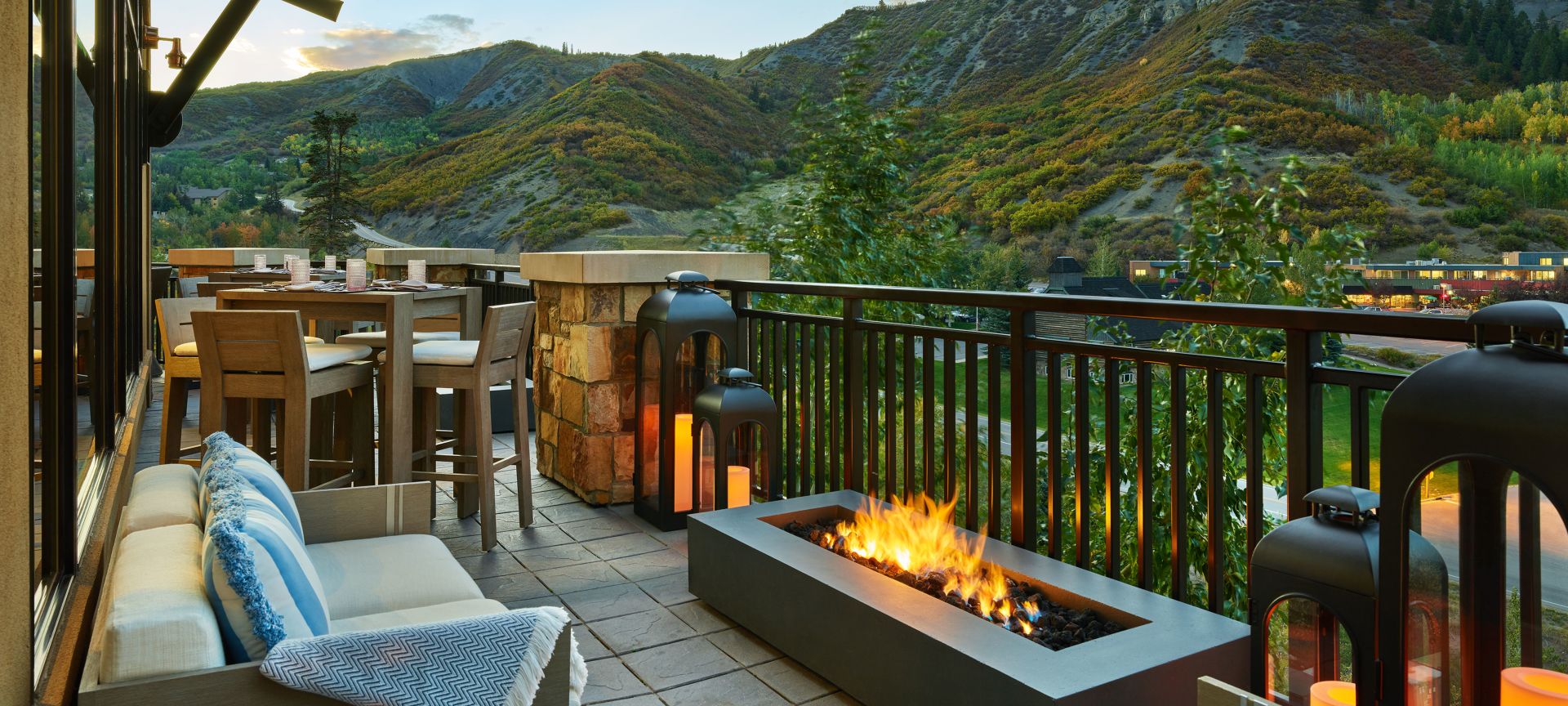 Outdoor event space with a firepit and view of Snowmass