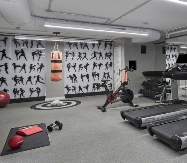 Hotel Zena fitness center with treadmills, stationary bicycle, punching bag &amp; free weights