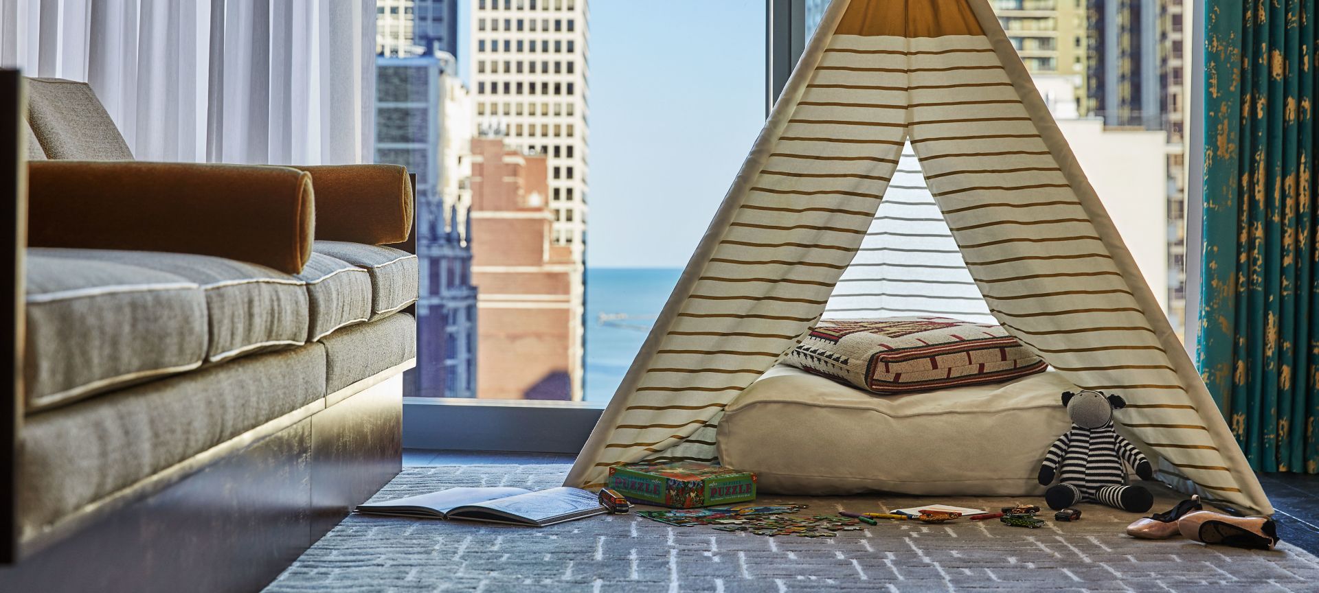 In-room tent with views of Lake Michigan