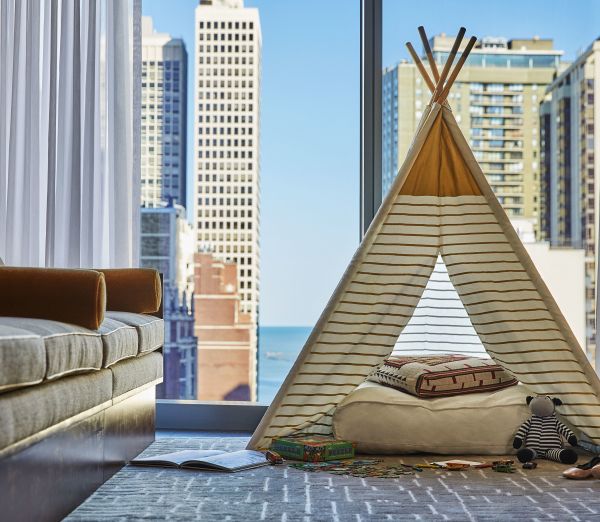 In-room tent with views of Lake Michigan